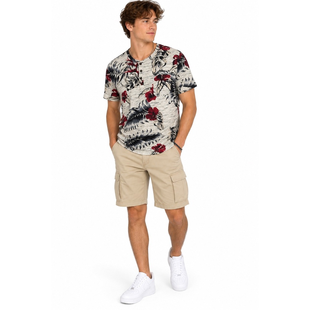 Craft + Flow Voyage Henley Shirt Mens XL Grey Tropical Floral Hibiscus Summer
